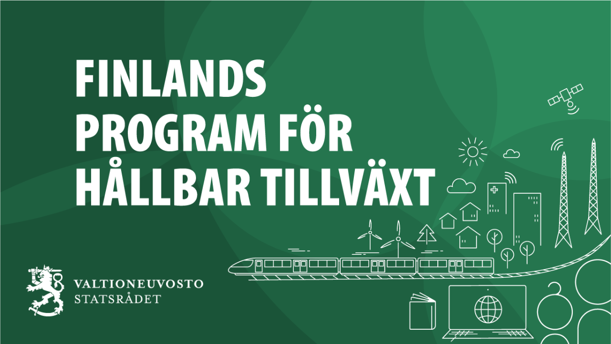 Logo: Finlands program för hållbar tillväxt,  energi ritningar på en grön bakgrund