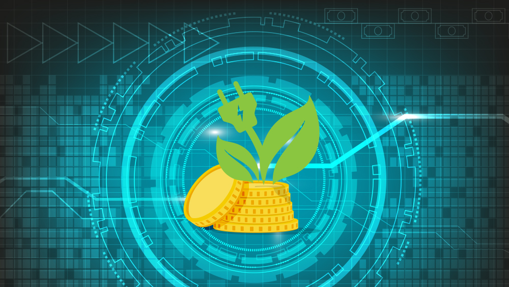 En teckning av en hög med pengar och en grön elkabel